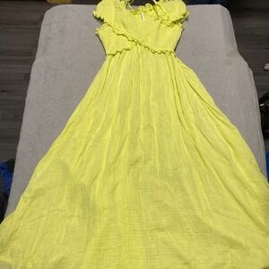 Anthropologie Dress Medium Neon Yellow Smocked Gauze Criss-cross Assymetrical